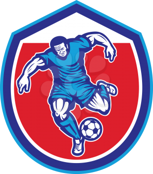Illustration of a soccer football player running kicking soccer ball set inside shield crest done in retro style.