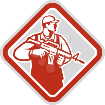 Illustration of an soldier serviceman military holding carrying assault rifle facing side set inside shield crest on isolated white background done in retro style