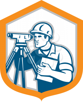 Illustration of a surveyor geodetic engineer with theodolite instrument surveying viewed from side set inside shield crest done in retro style on isolated white background.