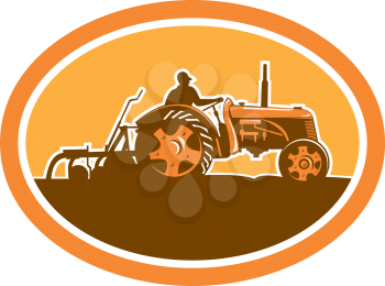 Illustration of a farmer driving riding vintage tractor plowing field sideview set inside an oval done in retro style.
