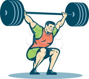Illustration of a weightlifter lifting barbell over head on isolated white background done in retro style.