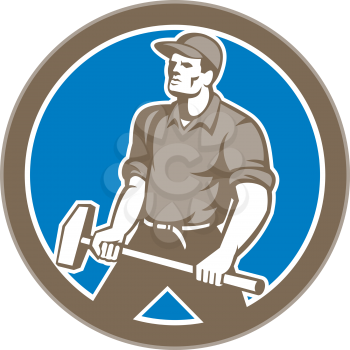 Illustration of a union worker holding sledgehammer hammer done in retro style set inside circle on isolated background.