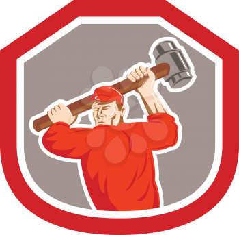 Illustration of a union worker striking using smashhammer hammer done in retro style set inside shield crest on isolated white background.