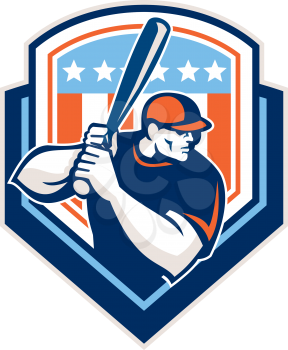 Illustration of a american baseball player batter hitter holding bat set inside shield crest with USA stars and stripes in the background done in retro style.