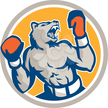 Illustration of an angry bear boxer with gloves looking up to the side set inside circle on isolated background done in retro style. 