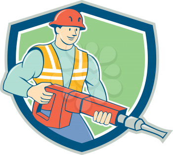 Illustration of a construction worker with jack hammer pneumatic drill set inside shield crest on isolated background done in cartoon style. 
