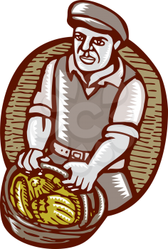 Illustration of an organic farmer carrying basket of harvest crop of vegetables done in retro woodcut linocut style. 