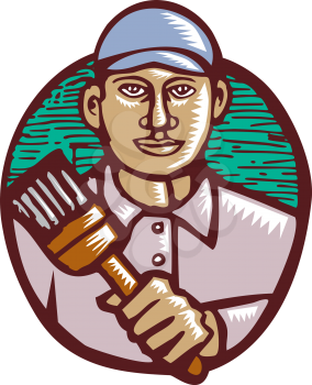 Illustration of a house painter holding paintbrush facing front done in retro woodcut linocut style.