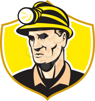 Illustration of a miner wearing hard hat helmet with light looking to the side set inside shield crest on isolated background done in retro style. 