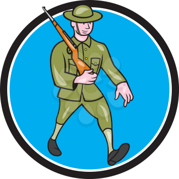 Illustration of a World War one British soldier serviceman marching with assault rifle viewed from side set inside circle on isolated background  done in cartoon style.