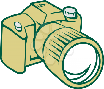 Illustration of a camera dslr facing front set on isolated white background done in retro style. 