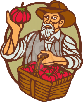 Illustration of an organic farmer carrying basket of tomatoes set inside circle done in retro woodcut linocut style. 
