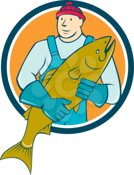 Illustration of a butcher fishmonger worker holding salmon fish facing front set inside circle on isolated background done in cartoon style. 