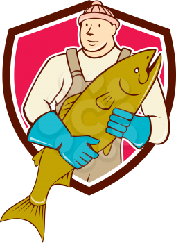 Illustration of a butcher fishmonger worker holding salmon fish facing front set inside shield crest on isolated background done in cartoon style. 