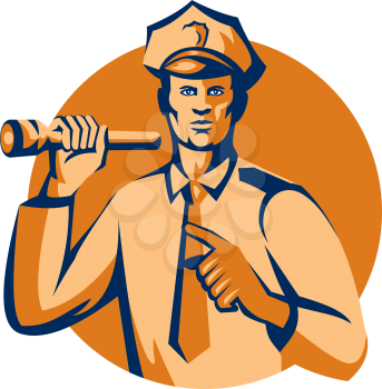 Illustration of a policeman police officer holding torch flashlight pointing facing front  set inside circle on isolated background done in retro style.