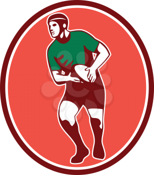 Illustration of a rugby player running passing the ball set inside oval on isolated background done in retro style.