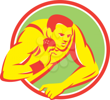 Illustration of a track and field shot put athlete ready to throw ball set inside circle on isolated background done in retro style.