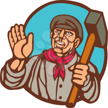 Illustration of a union worker holding sledgehammer hammer set inside circle on isolated background done in woodcut linocut style. 