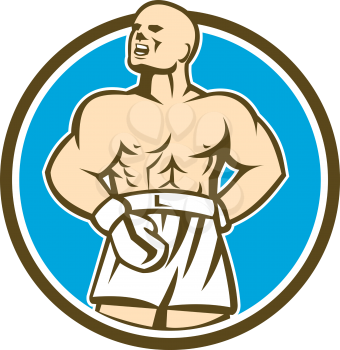 Illustration of a boxer wearing boxing gloves with hands on hips shouting looking up set inside circle done in retro style on isolated background.
