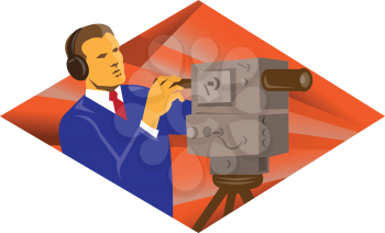 vector illustration of a cameraman operator with vintage video camera set inside diamond shape done in retro style.
