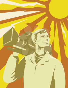 illustration of a cameraman film crew looking up with video camera done in retro style.