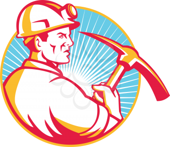 Illustration of a coal miner hardhat with pick axe viewed from side set inside circle and sunburst in background done in retro style.