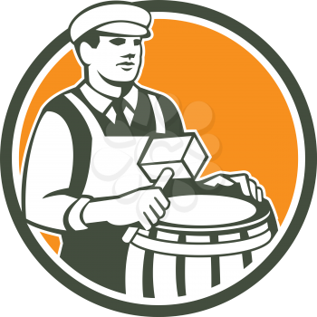 Illustration of a cooper barrel maker making a drum holding a mallet viewed from front set inside circle done in retro style.