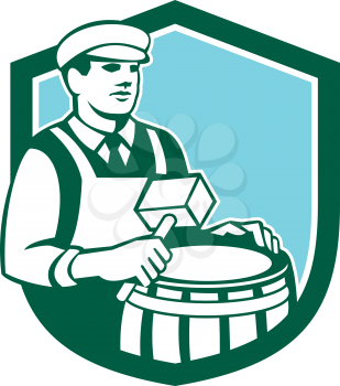 Illustration of a cooper barrel maker making a drum holding a mallet viewed from front set inside shield done in retro style.