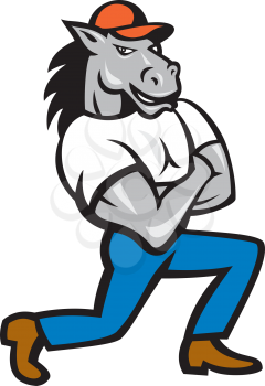 Illustration of a horse arms crossed kneeling set on isolated background done in cartoon style. 