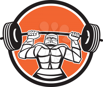 Illustration of knight in full armor lifting barbell weights set inside circle on isolated background done in retro style.