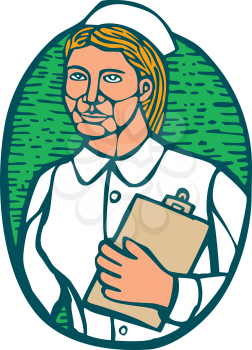 Illustration of a nurse holding clipboard facing front set inside oval shape done in retro woodcut linocut style. 