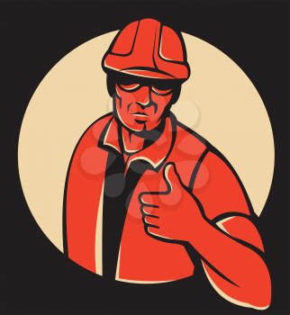 vector illustration of a construction workerforeman engineer holding thumbs up viewed from front set inside circle done in retro style on black background.