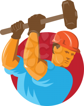 vector illustration of a construction worker with sledgehammer set inside circle done in retro art deco style.
