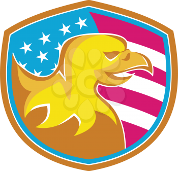 Illustration of a bald eagle viewed from side set inside shield with american stars and stripes flag done in retro style.