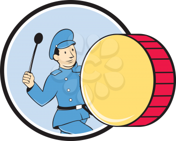 Illustration of a marching band brass band drummer beating drum viewed from side set inside circle on isolated background done in cartoon style.