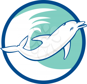 Illustration of a dolphin viewed from the side jumping with waves in the background set inside circle done in retro style. 