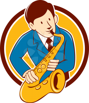 Illustration of a musician playing saxophone viewed from front set inside circle on isolated background done in cartoon style.