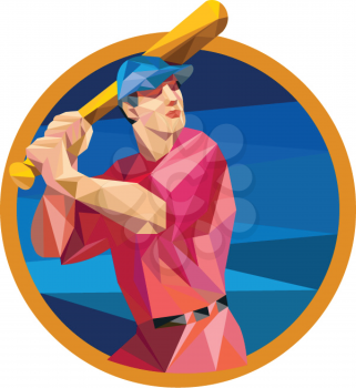 Low polygon style illustration of an american baseball player batter hitter holding bat batting set inside circle on isolated background.
