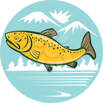 Illustration of a brown trout rainbow spotted fish jumping viewed from the side set inside circle with mountains and lake in the background done in cartoon style. 