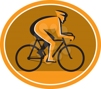 Illustration of a cyclist riding racing bicycle cycling racing side view set inside circle on isolated background done in retro style.