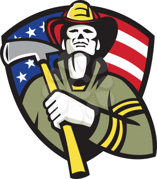 Illustration of an american fireman firefighter emergency worker holding a fire ax set inside shield with stars and stripes flag on isolated white background.