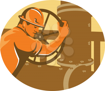 vector illustration of a gas and oil worker operator closing pipelinenetwork  pipe valve viewed from the side set inside oval done in retro style.