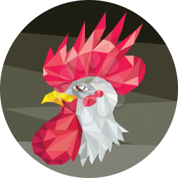 Low polygon style illustration of a chicken rooster head viewed from the side set inside circle on isolated background.