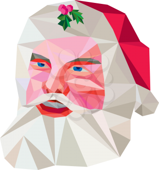 Low polygon illustration of santa claus saint nicholas father christmas with holly in hat set inside circle on isolated background.
