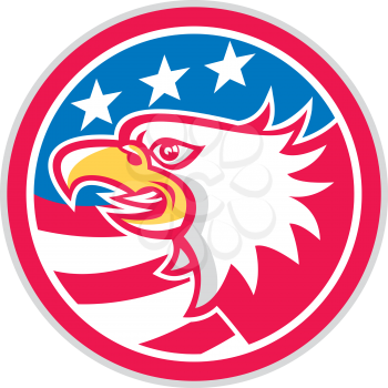 Illustration of an american bald eagle head viewed from the side with american stars and stripes set inside circle done in retro style.