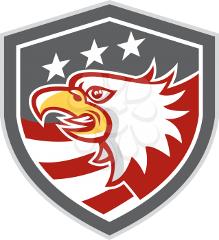Illustration of an american bald eagle head viewed from the side with american stars and stripes set inside a shield crest done in retro style.