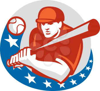 Illustration of a american baseball player batter hitter holding bat ready to strike set inside circle with stars on isolated background done in retro style.