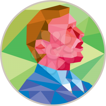Low polygon style illustration of a businessman facing side looking up set inside circle.