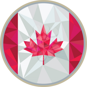 Low polygon style illustration of canada flag maple leaf set inside circle on isolated background. 