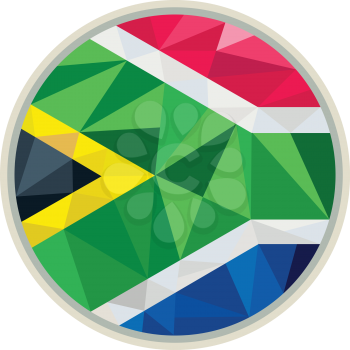 Low polygon style illustration of South Africa flag y shape set inside circle.